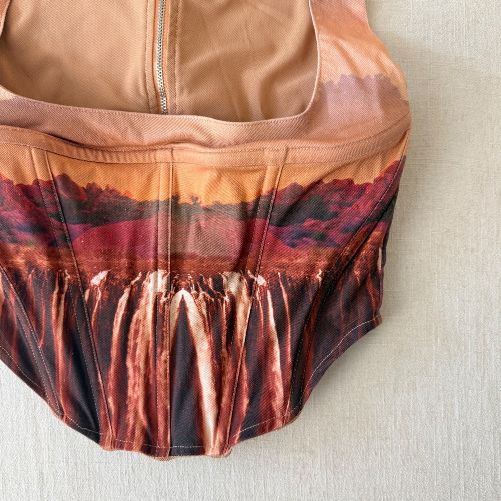 Miaou Campbell Oasis Corset Top Large Orange Desert Waterfall Landscape Boned - Picture 6 of 16
